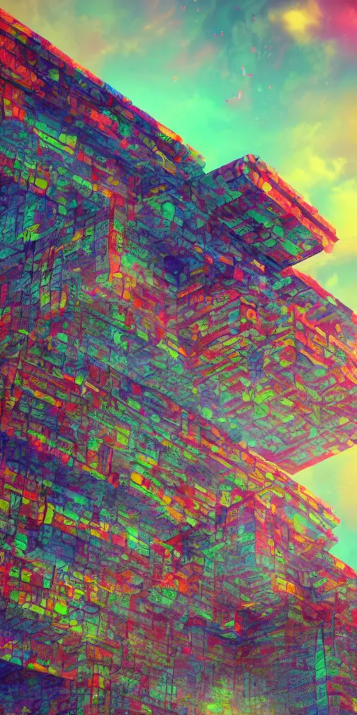 Image similar to impossible architecture, incredibly beautiful temple of the sun, inverted rainbow drip paint, surreal horror, psychedelic glitch art, trending on art station, photoreal, 8 k, octane render