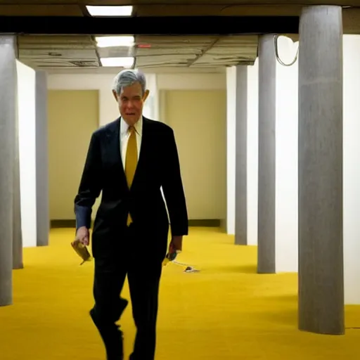 Prompt: Jerome Powell lost in the backrooms, old moist carpet, mono-yellow, fluorescent lights, randomly segmented rooms, eerie