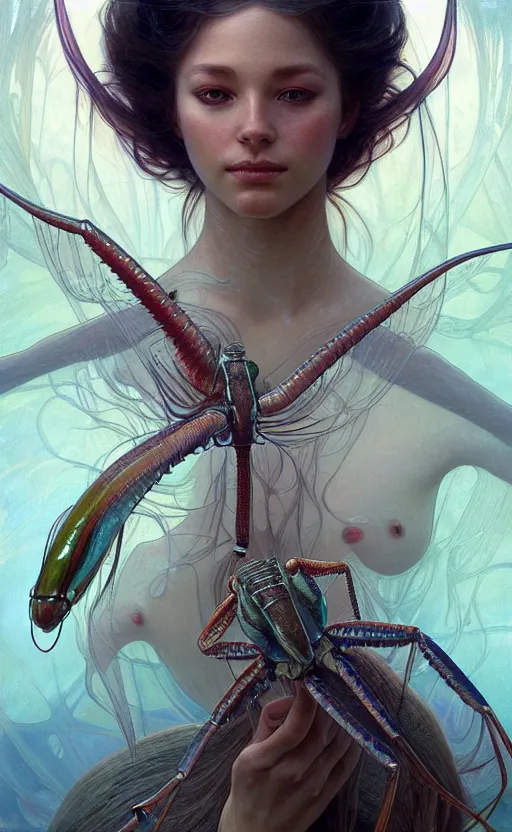 Prompt: portrait of a water creature, a praying mantis with translucent skin, made of pure water, concept art, deep focus, fantasy, intricate, highly detailed, digital painting, artstation, matte, sharp focus, illustration, art by artgerm and greg rutkowski and alphonse mucha