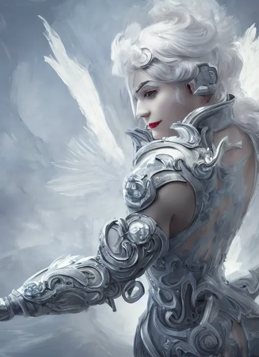 Prompt: a highly detailed illustration of white haired pale lady wearing dieselpunk armor dress with iron wings and blindfold, dramatic floating pose, intricate, elegant, highly detailed, centered, digital painting, artstation, concept art, smooth, sharp focus, league of legends concept art, wlop