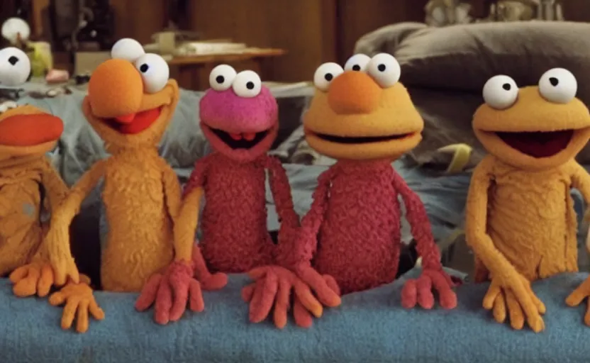 Prompt: human centipede but its muppets