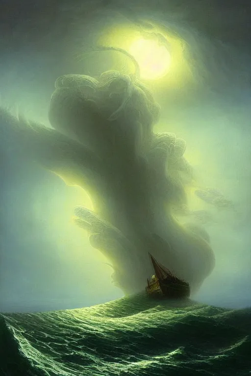 Image similar to A stunning detailed Shoggoth by Vladimir Kush and Ivan Aivazovsky, , stormy ocean, beautiful lighting, full moon, detailed swirling water tornado, artstation