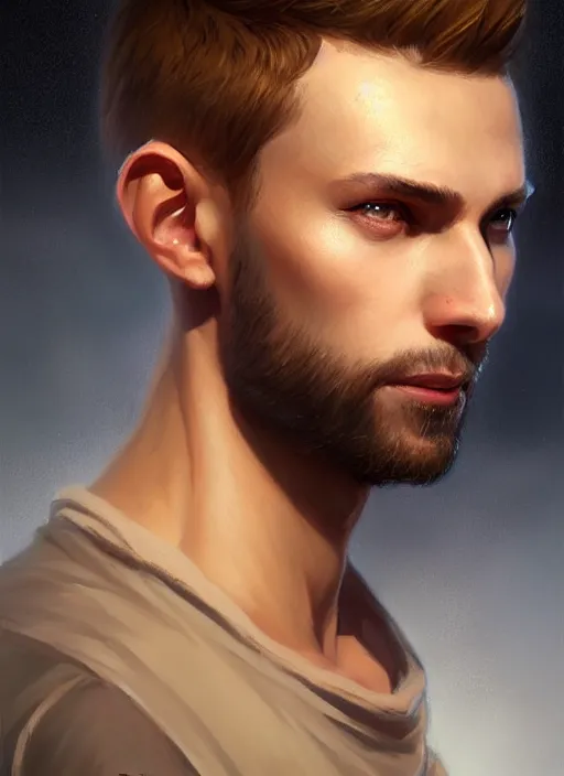 Prompt: a _ fantasy _ style _ portrait _ painting _ of light brown male short hair defined face big ears, rpg dnd oil _ painting _ unreal _ 5 _ daz. _ rpg _ portrait _ extremely _ detailed _ artgerm _ greg _ rutkowski _ greg