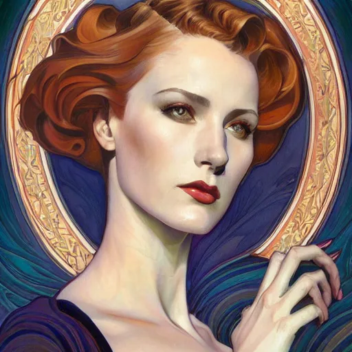 Image similar to a streamline moderne painting in the style of donato giancola, and in the style of charlie bowater, and in the style of alphonse mucha. symmetry, smooth, sharp focus, semi - realism, intricate detail.