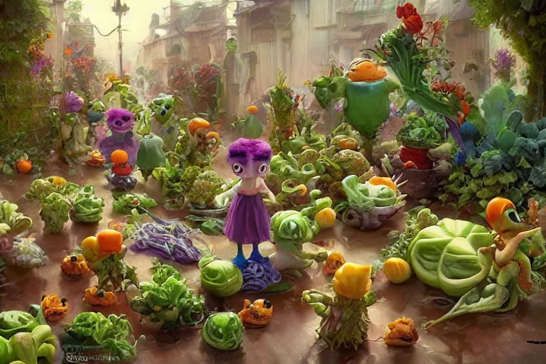 Image similar to miniature vegetable creatures parade. the floor is a cutting board. a kitchen in the background. digital art, realistic, pixar style, highly detailed, cinematic, matte painting, vivid colors, realistic, epic, low angle, lighting, by greg rutkowski and artgerm and alphonse mucha