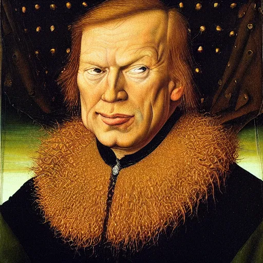 Image similar to portrait of donald trump, oil painting by jan van eyck, northern renaissance art, oil on canvas, wet - on - wet technique, realistic, expressive emotions, intricate textures, illusionistic detail