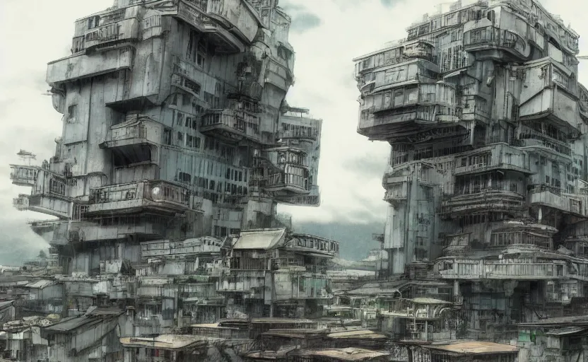 Prompt: a large building on the coast of japan. in the style of gits mamoru oshii.