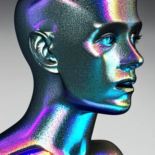 Image similar to 3d render of holographic human robotic head made of glossy iridescent, surrealistic 3d illustration of a human face non-binary, non binary model, 3d model human, cryengine, made of holographic texture, holographic material, holographic rainbow, concept of cyborg and artificial intelligence