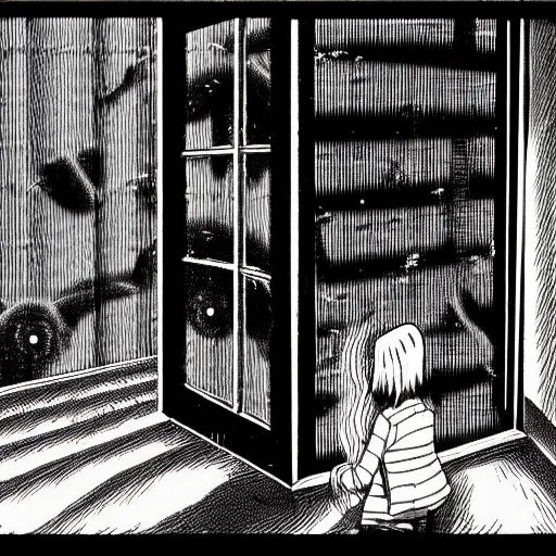 Image similar to horror manga panel of absolute horror abomination by junji ito and kentaro miura that is peaking through the window, black and white, highly detailed on small details,