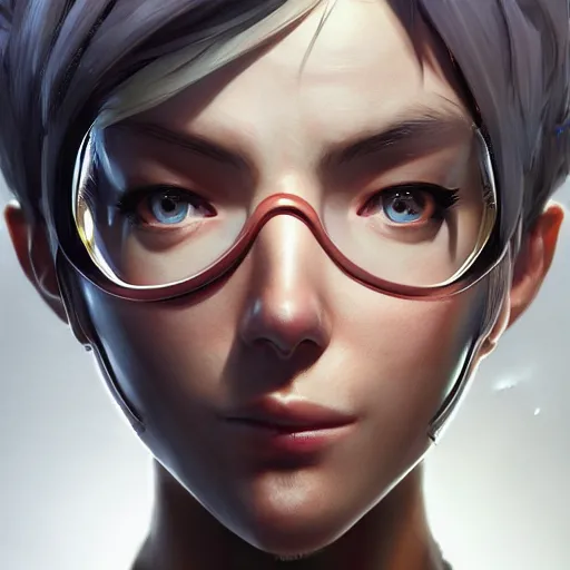 Image similar to a highly detailed portait of tracer from overwatch as nier automata cain, digital art, pretty face, muscular, very beautiful face, very detailed eyes, 8 k resolution, digital painting, by james gurney wlop, greg rutkowski, full body