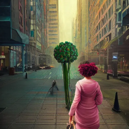 Image similar to giant carnation flower head, woman walking in a modern city, surreal photography, dramatic light, impressionist painting, digital painting, artstation, simon stalenhag