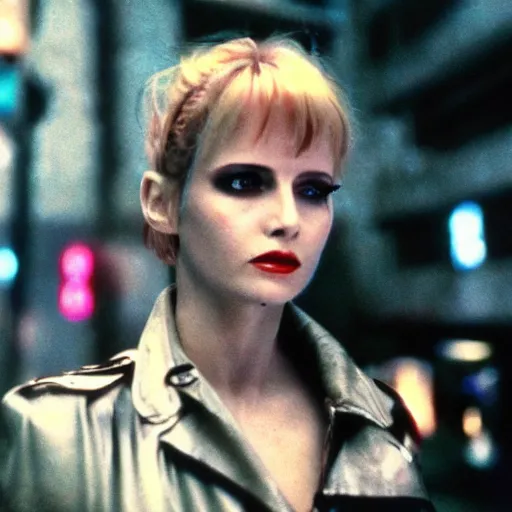 Image similar to 3 5 mm film still of a pinup pris bladerunner, 8 k cinematic portrait