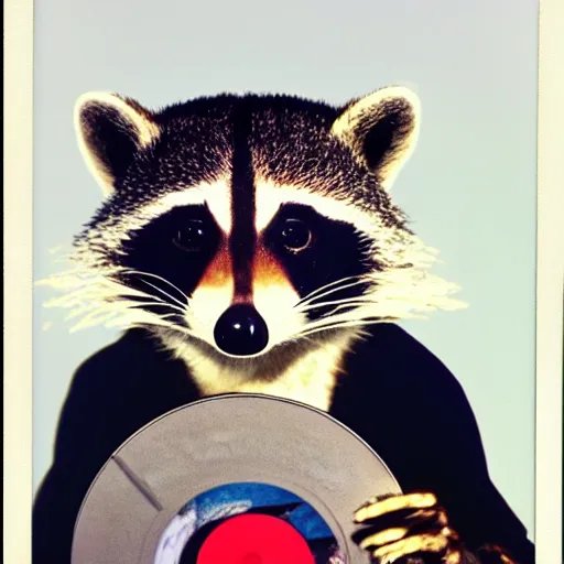 Prompt: close - up, photo of a anthropomorphic raccoon wearing a hoodie, holding a vinyl record, 8 0 - s fashion, colored, polaroid photo, by warhol,