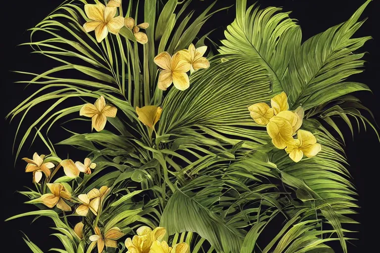 Image similar to photorealistic print of exotic, elegant tropical prints : : black background, green surreal plants, golden flowers, art nouveau, trending on artstation