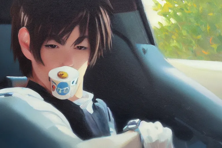 Image similar to A ultra detailed beautiful portrait panting of a stylish pepe sitting in the backseat of a car, Oil painting, by Ilya Kuvshinov, Greg Rutkowski and Makoto Shinkai