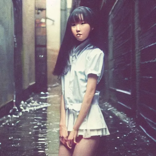 Image similar to 1990s perfect 8K HD professional cinematic photo of close-up japanese schoolgirl posing in sci-fi dystopian alleyway at morning during rain, at instagram, Behance, Adobe Lightroom, with instagram filters, depth of field, taken with polaroid kodak portra