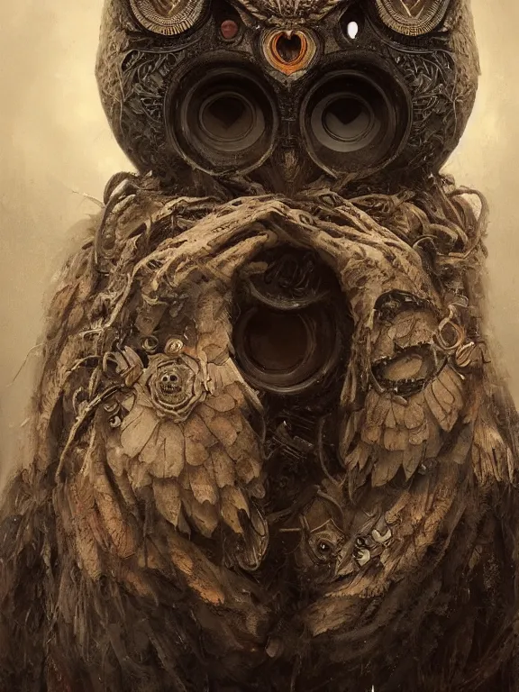 Image similar to a ultradetailed beautiful portrait of a strange human, hiding his face with an intricate wooden mask of an owl, high resolution 4 k, by tom bagshaw, greg rutkowski, charli bowater