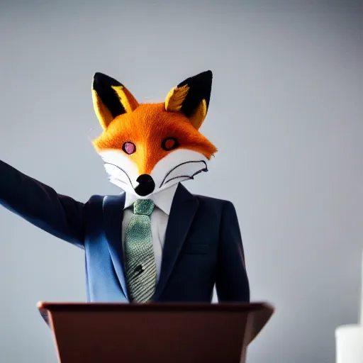 Image similar to a fox animal dressed in a suit giving a presidential speech, 8 5 mm f / 1. 4