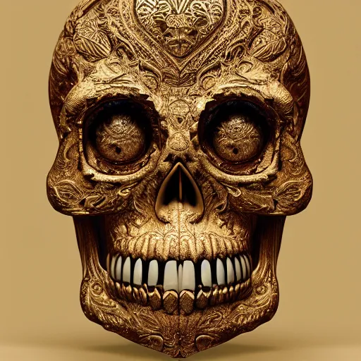 Image similar to a highly detailed photographic render of intricately carved golden sugar skull, intricate golden ornament, gilding, horror, dark fantasy, beautifully lit, ray traced, octane 3D render in the style of Gerald Brom and James Gurney