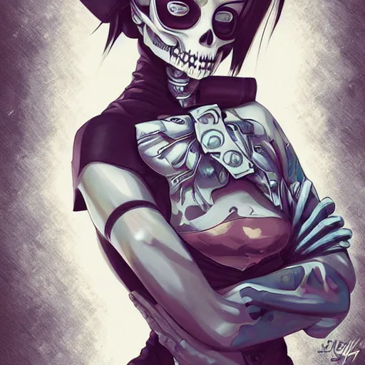 Prompt: anime manga skull portrait young woman skeleton, artgerm, painterly, logo, graffiti, elegant, highly detailed, digital art, art by jc leyendecker and sachin teng