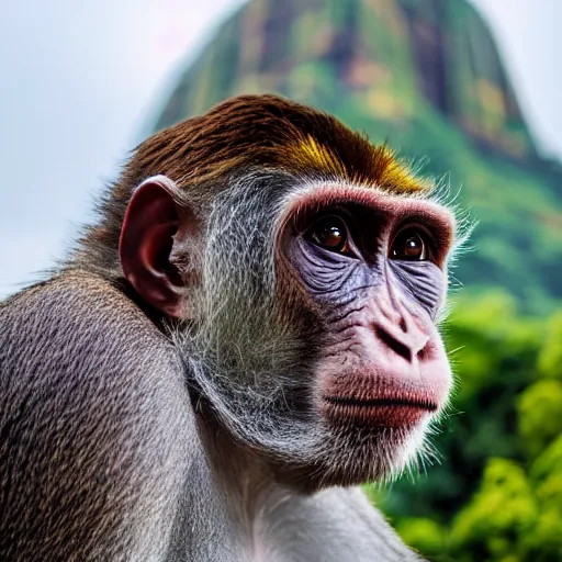 Image similar to high quality portrait of a monkey in front of Christ The Redeemer, studio photograph, photograph, realistic photo, 8k photo, 4k photo, stock photo, high resolution, cinematic shot, high detail