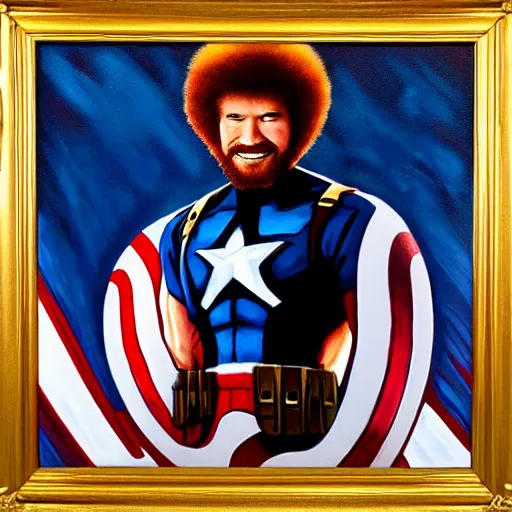 Prompt: Bob Ross as captain America, oil painting,