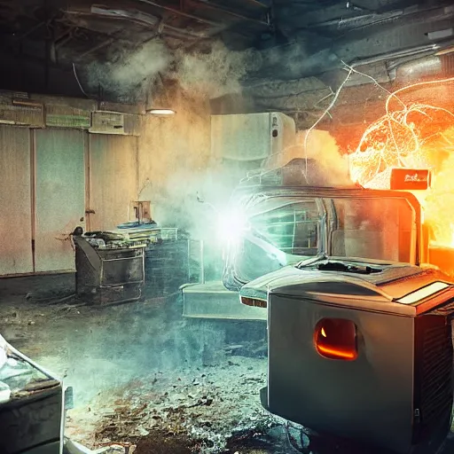 Image similar to cyborg toaster oven repairman, dark messy smoke - filled cluttered workshop, dark, dramatic lighting, orange tint, sparks, plasma rays, cinematic, highly detailed, sci - fi, futuristic, movie still