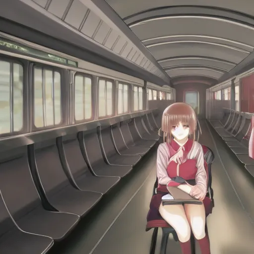 Image similar to portrait of the lone girl sitting in an empty train carriage, anime fantasy illustration by tomoyuki yamasaki, kyoto studio, madhouse, ufotable, trending on artstation