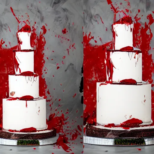 Prompt: wedding cake with bride and groom on top, a huge knife slicing it with blood droping from the slice in color in a surrealistic style