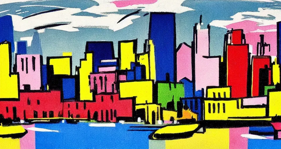 Image similar to color sketch of the london skyline, highly detailed, dramatic lighting, intense shadows, rich deep colours, by roy lichtenstein