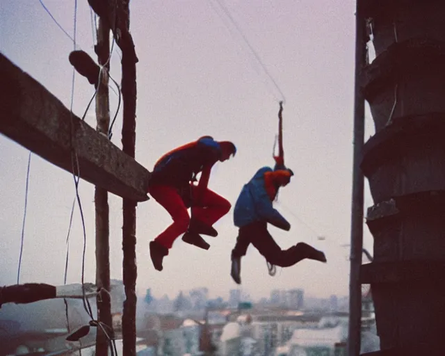 Image similar to lomo photo of roofjumpers climbing on roof of soviet hrushevka, small town, cinestill, bokeh, out of focus