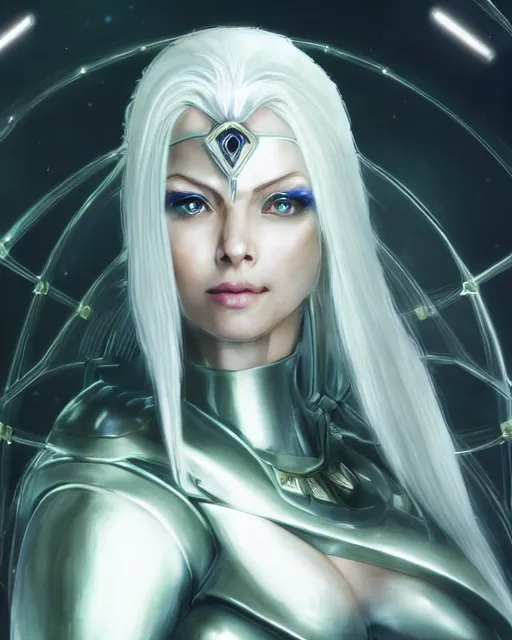 Image similar to perfect white haired attractive egyptian goddess, warframe armor, beautiful, symmetric, dreamy, half asian, pretty face, green eyes, charlize theron, detailed, scifi platform, laboratory, experiment, 4 k, ultra realistic, epic lighting, android body, illuminated, cinematic, masterpiece, art by akihito tsukushi, voidstar