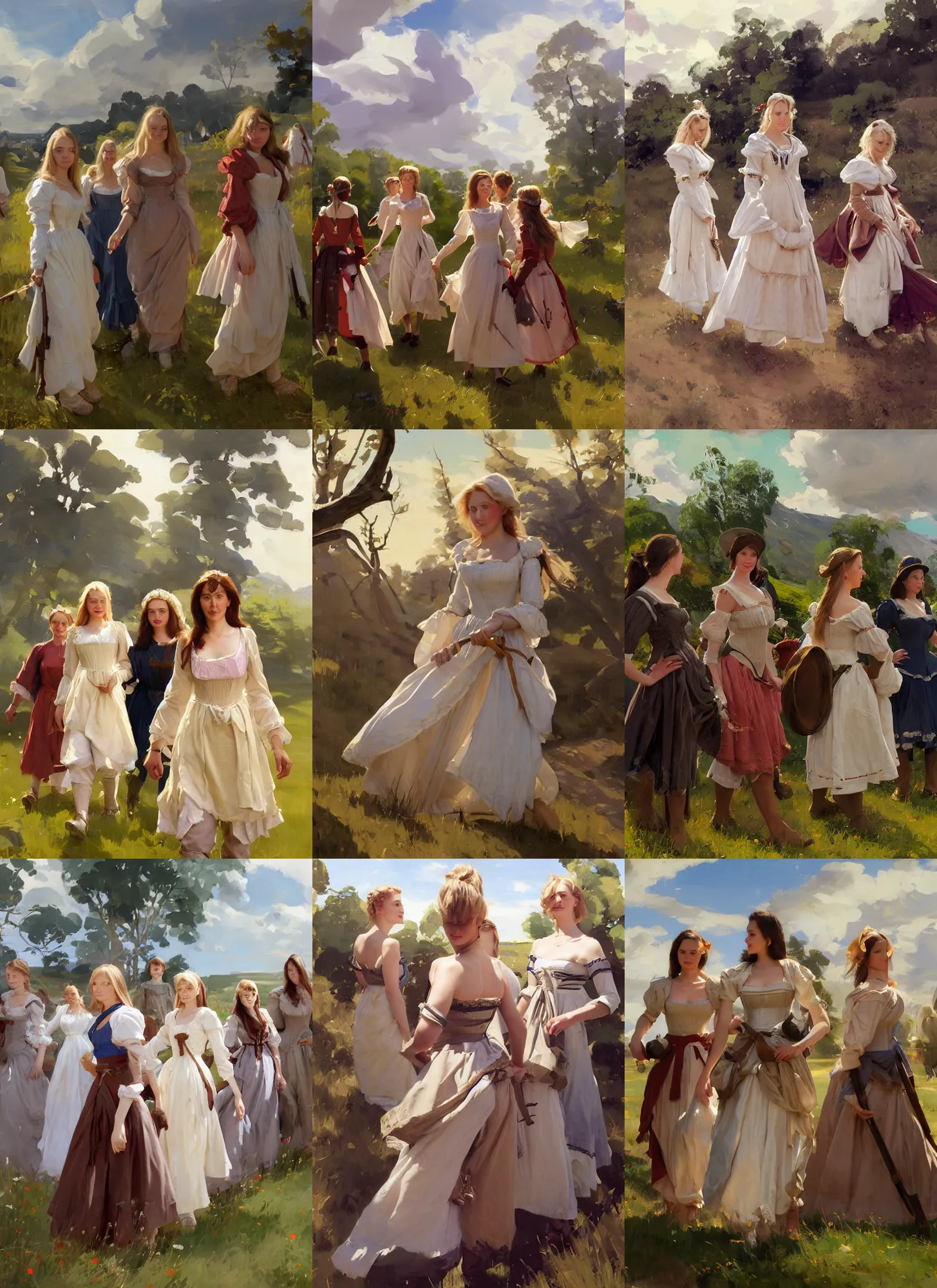 Prompt: group of finnish norwegian swedish scandinavian attractive beautiful glamour models as village maidens wearing 1 7 th century bodice with low neckline walking in the field in a sunny day, jodhpurs greg manchess painting by sargent and leyendecker, studio ghibli fantasy medium shot asymmetrical intricate elegant matte painting illustration hearthstone, by greg rutkowski by greg tocchini by james gilleard