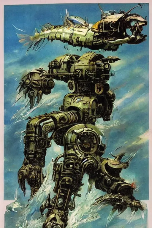 Image similar to and aquatic fish mecha robot by Frank Frazetta