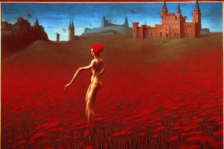 Image similar to only with red, red flowers of different types, a red tiger, a castle in the background, medieval demons dance over the flowers, an ancient path, in the style of beksinski, part by hopper, part by rodcenko, part by hofbauer, intricate composition, red by caravaggio, insanely quality, highly detailed, masterpiece, red light, artstation