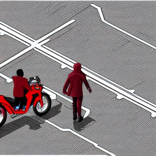 Image similar to isometric view, man with a red jacket walking toward a red futuristic racing motorbike!!!!!!!!!, pencil drawing, panoramic view, wide angle, ultra realistic, intricate details, cyberpunk, ultra detailed, sharp focus, trending on artstation