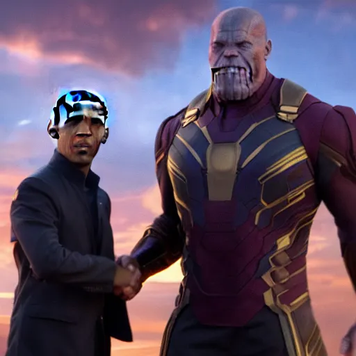 Prompt: a still film of avengers infinity war, obama shaking hands with thanos, 8K, HD