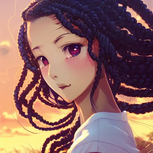 Prompt: a very beautiful anime cheerleader, full body, long braided curly hair, twisted braids, golden watery eyes, full round face, short smile, serene beach setting, cinematic lightning, medium shot, mid-shot, highly detailed, trending on artstation, Unreal Engine 4k, cinematic wallpaper by Stanley Artgerm Lau, WLOP, Rossdraws, James Jean, Andrei Riabovitchev, Marc Simonetti, and Sakimichan