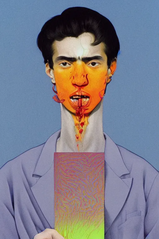 Image similar to a closeup portrait of a young spanish man licking a blotter paper of LSD acid on his tongue and dreaming psychedelic hallucinations, by kawase hasui, moebius, Edward Hopper and James Gilleard, Zdzislaw Beksinski, Steven Outram colorful flat surreal design, hd, 8k, artstation