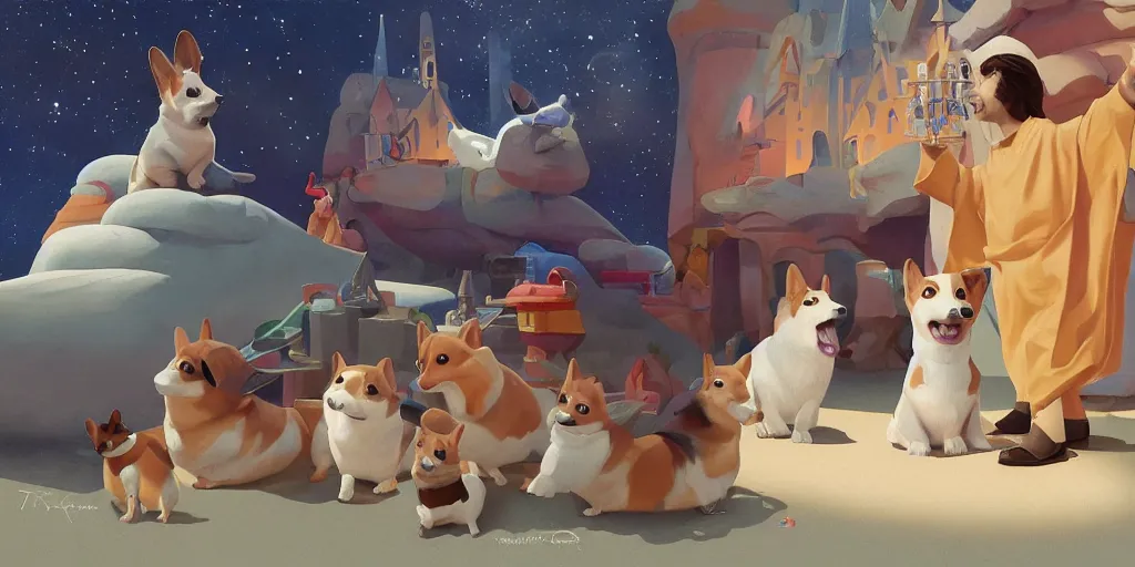 Image similar to Painting scene of corgi as jesus blessing humans, by Goro Fujita, tristan eaton, Tom Bagshaw, Hayao Miyazaki, trending on Artstation, 8k, masterpiece, graffiti paint, fine detail, full of color, intricate detail, corgi, fantasy painting