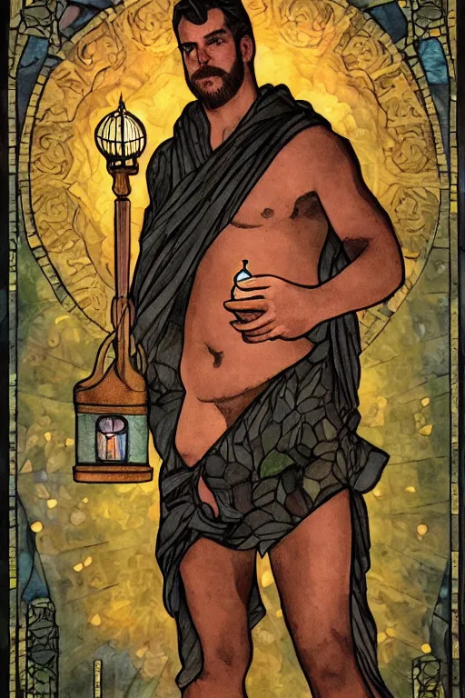 Prompt: tarot card of a shirtless beefy cowboy holding a lantern | dark tela cloak, dad bod, homoerotic, art deco, art nouveau | by louis comfort tiffany | trending on artstation