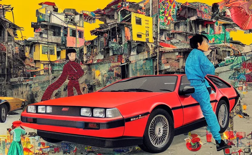 Image similar to a red delorean and a yellow tiger in ajegunle slum of lagos - nigeria, painting by hsiao - ron cheng, utagawa kunisada & salvador dali, magazine collage style,