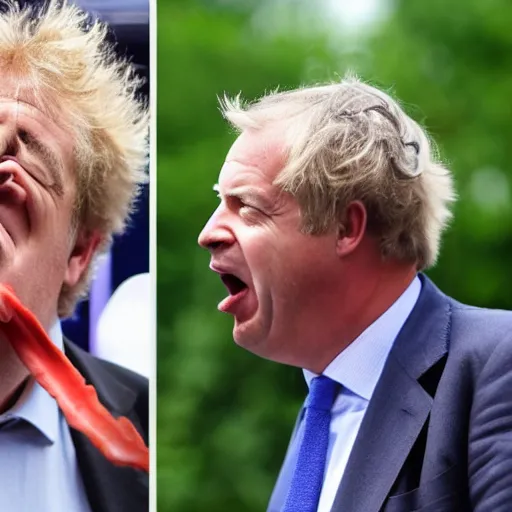 Image similar to jeremy clarkson shouting angry, nigel farage shouting angry, boris johnson shouting angry all fighting over hot dogs