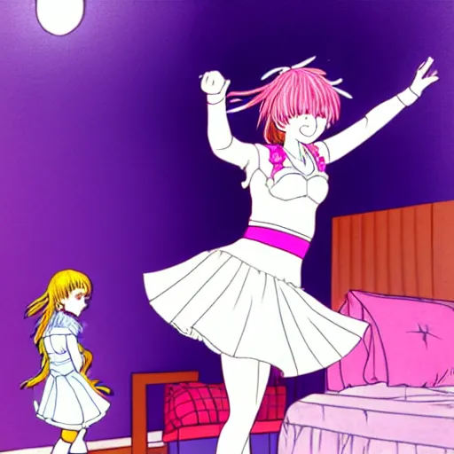 Image similar to cute girl wearing a white girl dancing joyfully in her bedroom at night, cyberpunk lighting, illustrated by naoko takeuchi