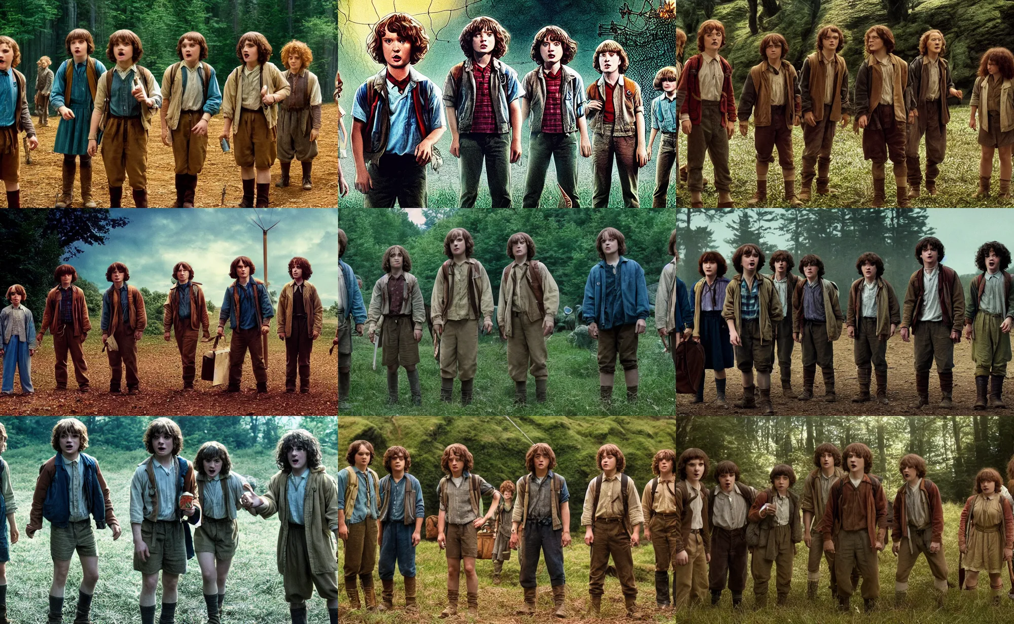 Prompt: movie still of the cast of stranger things as hobbits in the lord of the rings, post editing, 4 k, high quality