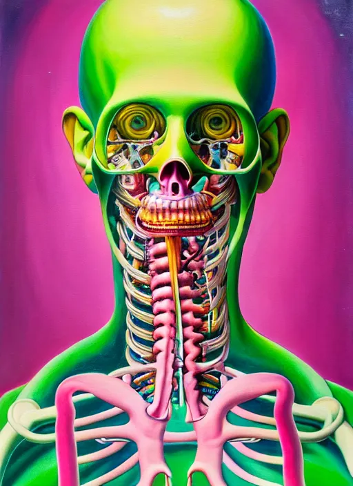 Image similar to a beautiful and highly detailed painting of an anatomical portrait wearing overalls, inside a grand room lined with paintings, emotionally expressive, oil painting, soft light, pink and green olour palette, cinematic composition, cinematic lighting, sharp focus, masterpiece by shusei nagaoka kaws, david rudnick, airbrush on canvas, pastell colors, cell shaded 8 k