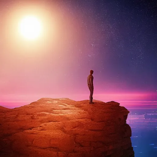 Image similar to a man standing on a cliff looking at the stars in the sky, a matte painting by alena aenami, unsplash, space art, outrun, synthwave, retrowave