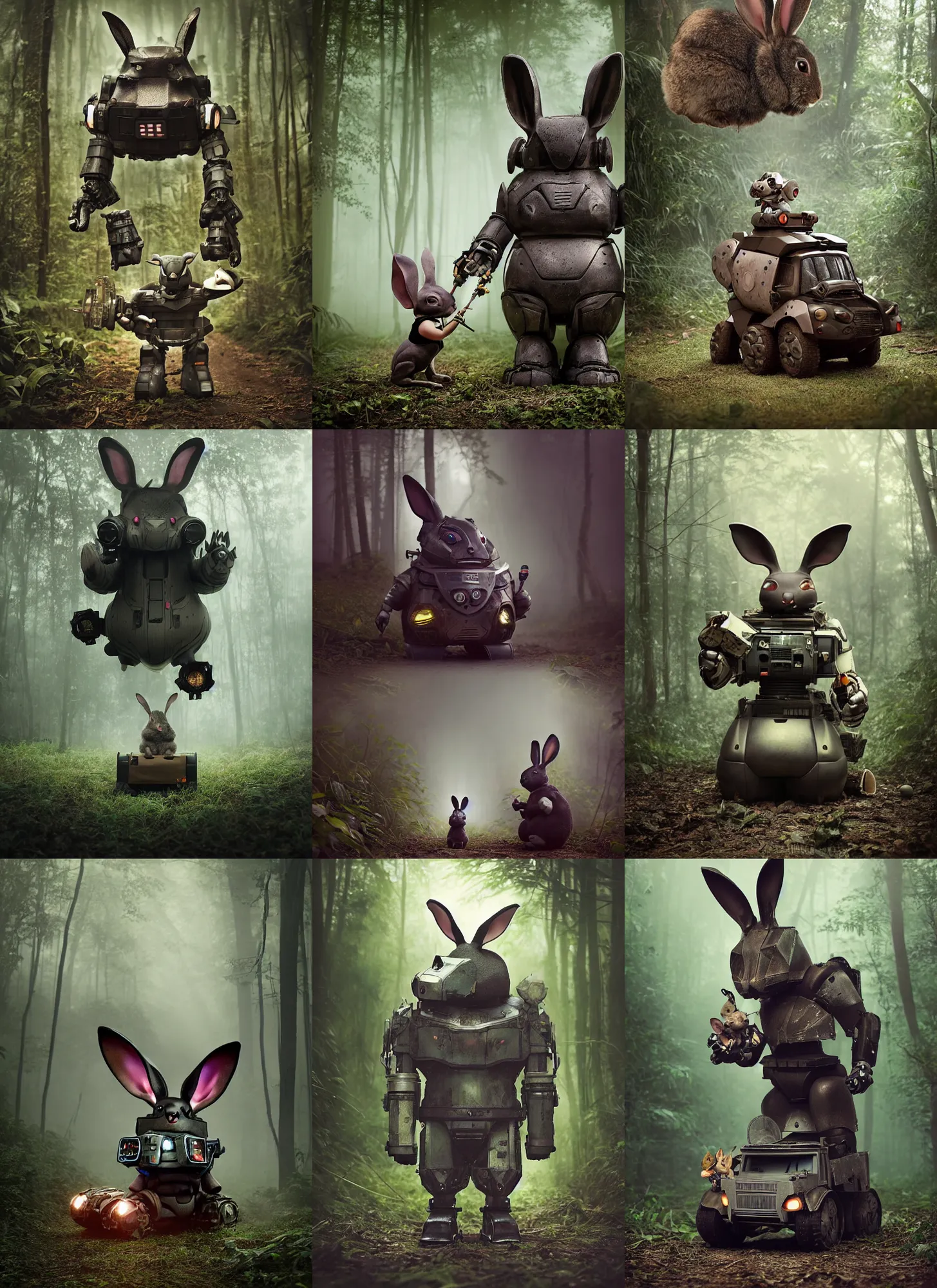 Prompt: dark night oversized battle rabbit robot chubby fatmech bucket vehicle with big ears with rabbit sitting inside, in jungle forest, full body, nighttime, cinematic focus, polaroid photo, vintage, neutral dull colors, soft lights, foggy, overcast by oleg oprisco, by thomas peschak, by discovery channel, by victor enrich, by gregory crewdson