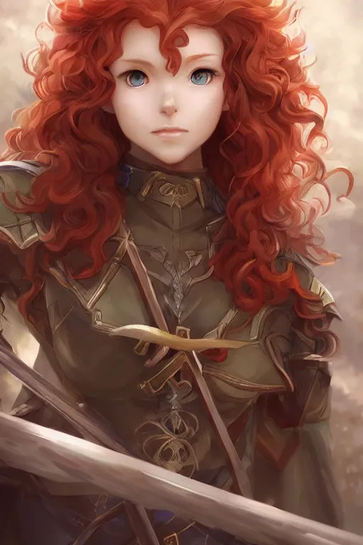 Image similar to A beautiful anime portrait of a curly haired redhead female elf, rpg ranger outfit, elven bow, by Stanley Artgerm Lau, WLOP, Rossdraws, James Jean, Andrei Riabovitchev, Marc Simonetti, and Sakimichan, tranding on artstation