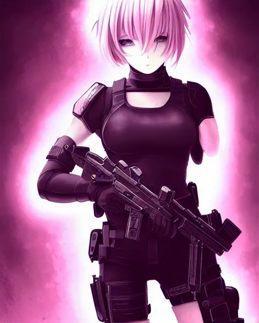 Image similar to 2 b, anime key visual of a young female swat officer, neon, cyberpunk, futuristic, white outfit, black swat vest, swat helmet, holding pdw, stunning, highly detailed, digital painting, smooth, soft focus, illustration, poster, japanese typography, digital art from artstation by artgerm and greg rutkowski and alphonse mucha